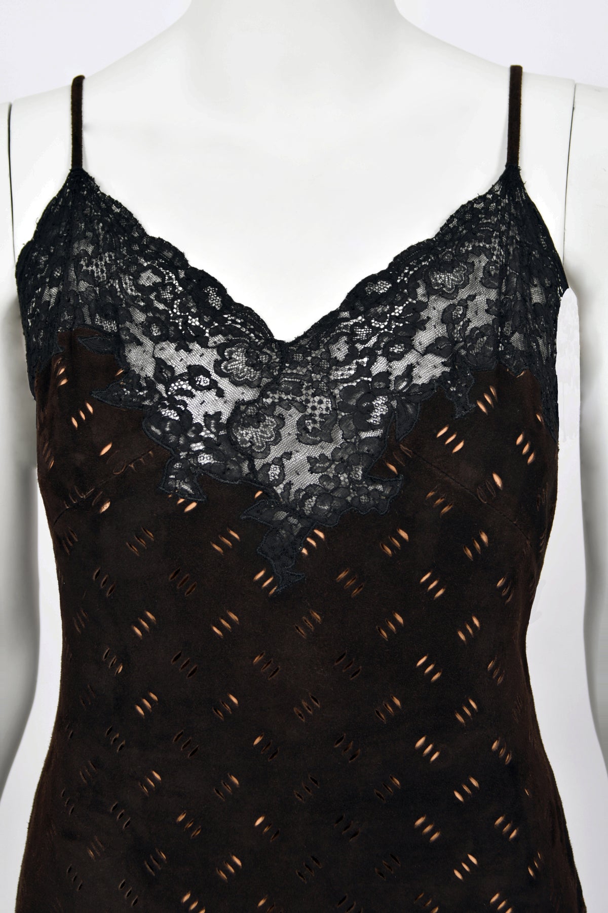 1999 Christian Dior by John Galliano Brown Suede &amp; Sheer Lace Bias-Cut Slip Gown w/ Shawl