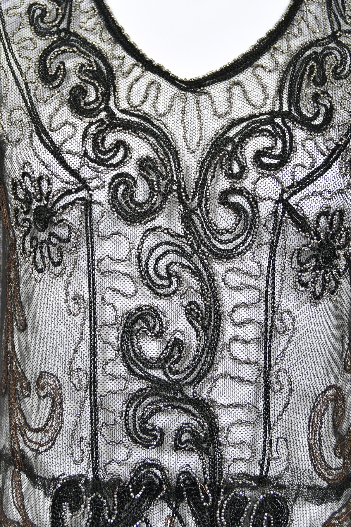 1920&#39;s Embroidered Black Sheer Mixed-Lace Beaded Art Deco Motif Dress