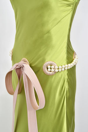 2005 Valentino Runway Chartreuse Silk Draped-Pearls Reverse Halter Glamour Gown