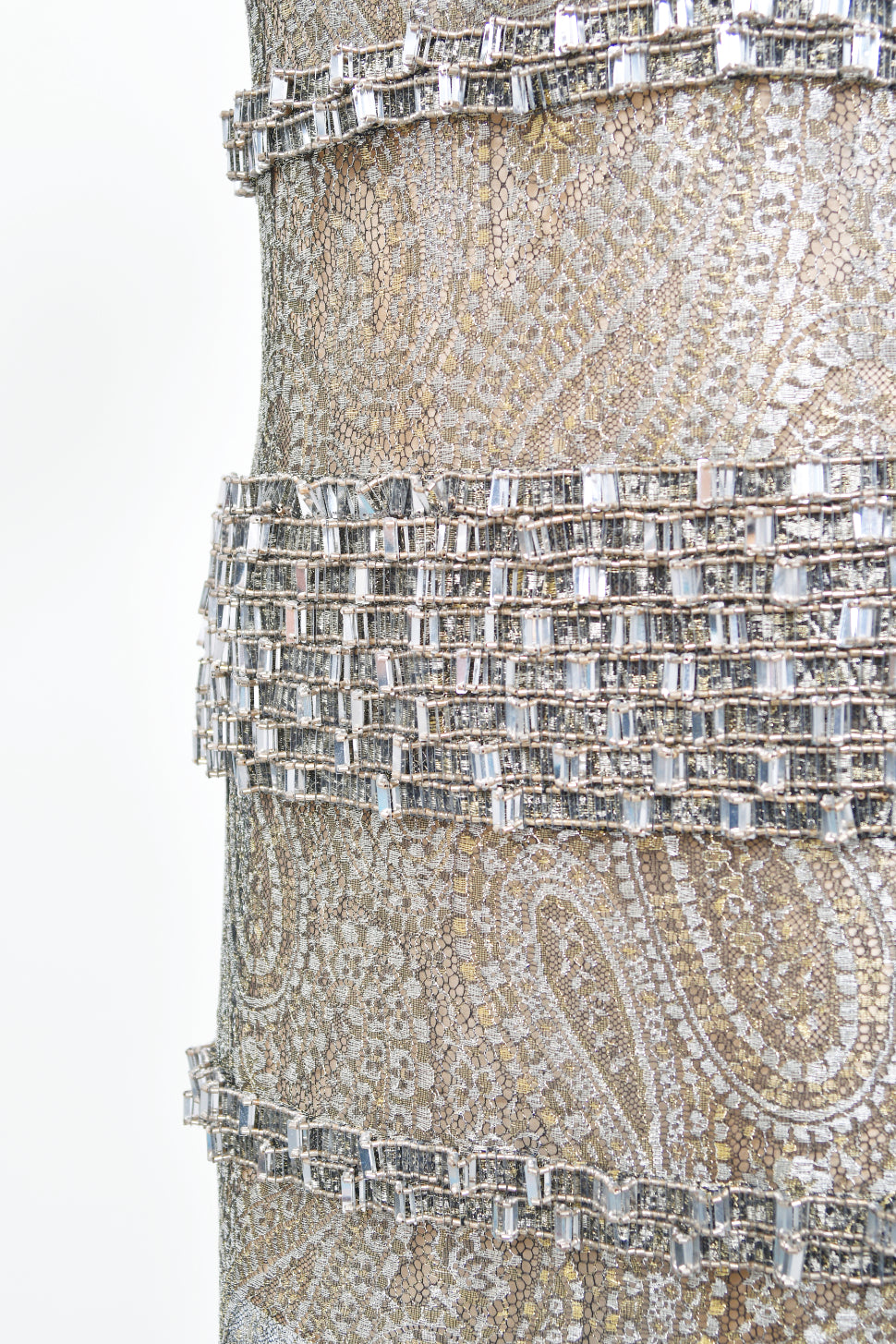 2012 Chanel by Karl Lagerfeld Runway Crystal Beaded Sheer Silver &amp; Gold Lace Dress