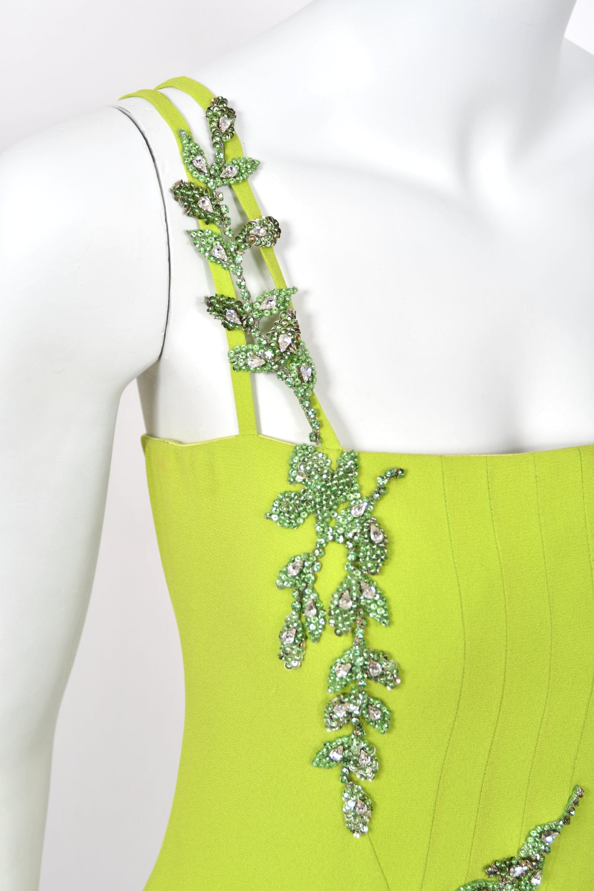 1997 Gianni Versace Lifetime Runway Lime Green & Black Embellished Silk High-Low Dress
