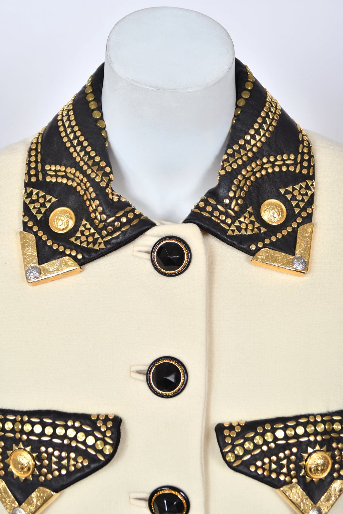 1992 Gianni Versace 'Miss S & M' Runway Collection Ivory Wool Studded Leather Editorial Jacket