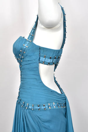 2009 Versace Runway Embellished Blue Silk Chiffon One-Shoulder High Low Gown