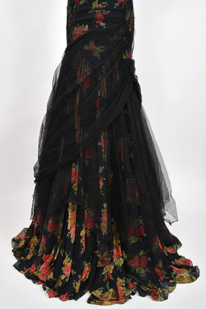 2010 Ralph Lauren Runway Metallic Floral Silk & Black Sheer Tulle Hourglass Mermaid Gown