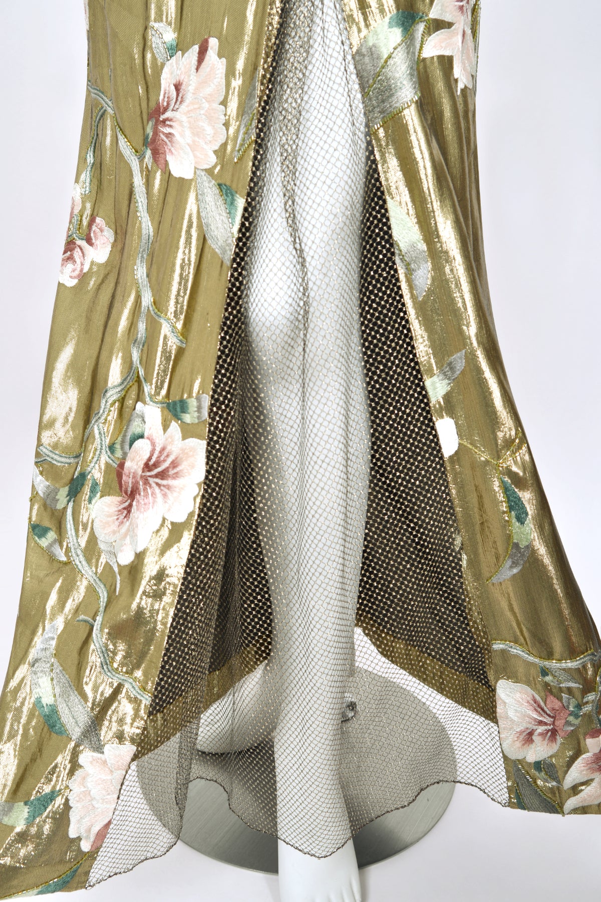 1997 Valentino Runway Metallic Gold Beaded Embroidered Floral Lamé Silk High Slit Column Gown