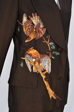 1998 Alexander McQueen for Givenchy Brown Wool Embroidered Birds Blazer Pantsuit