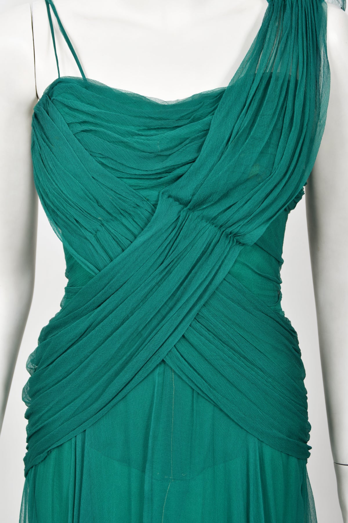1958 Irene Lentz Couture Teal Green Draped Silk Grecian Goddess Gown