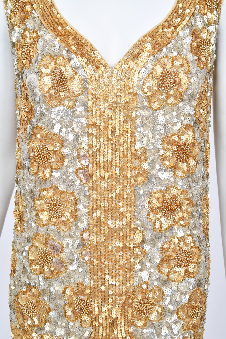 1920&#39;s French Couture Metallic Gold Beaded Sequin Cotton-Net Flapper Dress