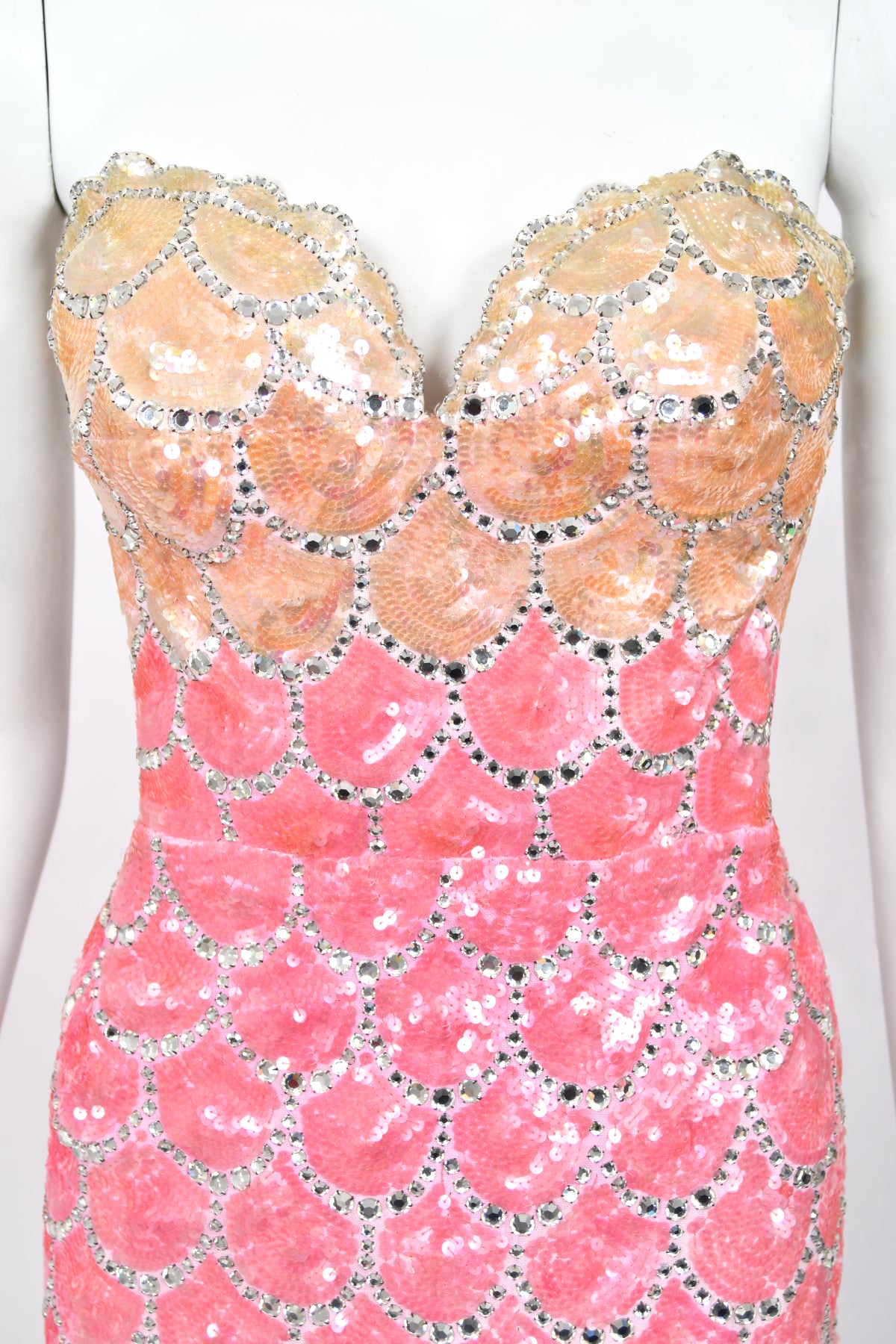 1950's Custom Couture Fully Sequin Pink Ombré Rhinestone Hourglass Gown w/ Gloves