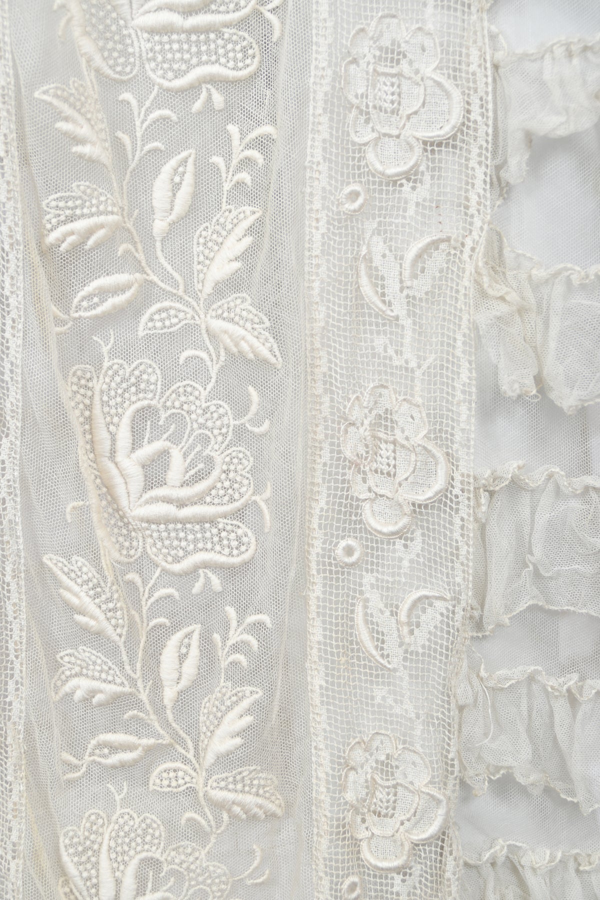 1920's Sheer Ivory Embroidered Floral Motif Net-Tulle Tiered Ruffle 'Robe de Style' Dress
