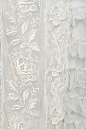 1920's Sheer Ivory Embroidered Floral Motif Net-Tulle Tiered Ruffle 'Robe de Style' Dress