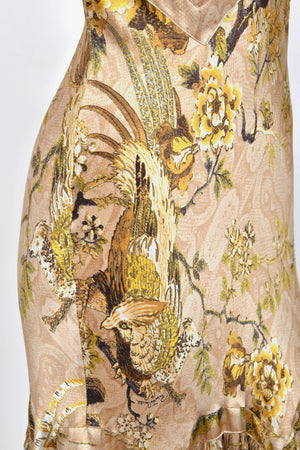 2006 Roberto Cavalli Champagne Floral & Bird Motif Silk Pleated High Low Bias-Cut Gown