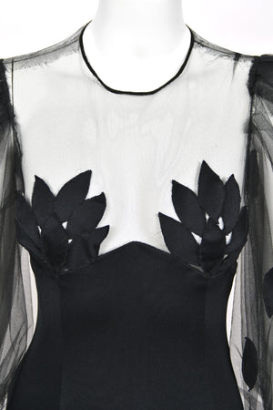 1979 Loris Azzaro Black Silk Jersey Sheer Illusion Petal Appliqué Billow-Sleeve Gown