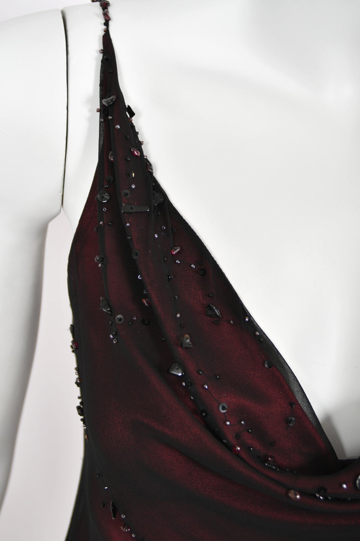2000 John Galliano Beaded Black Sheer Silk Chiffon & Red Satin Draped Bias-Cut Gown