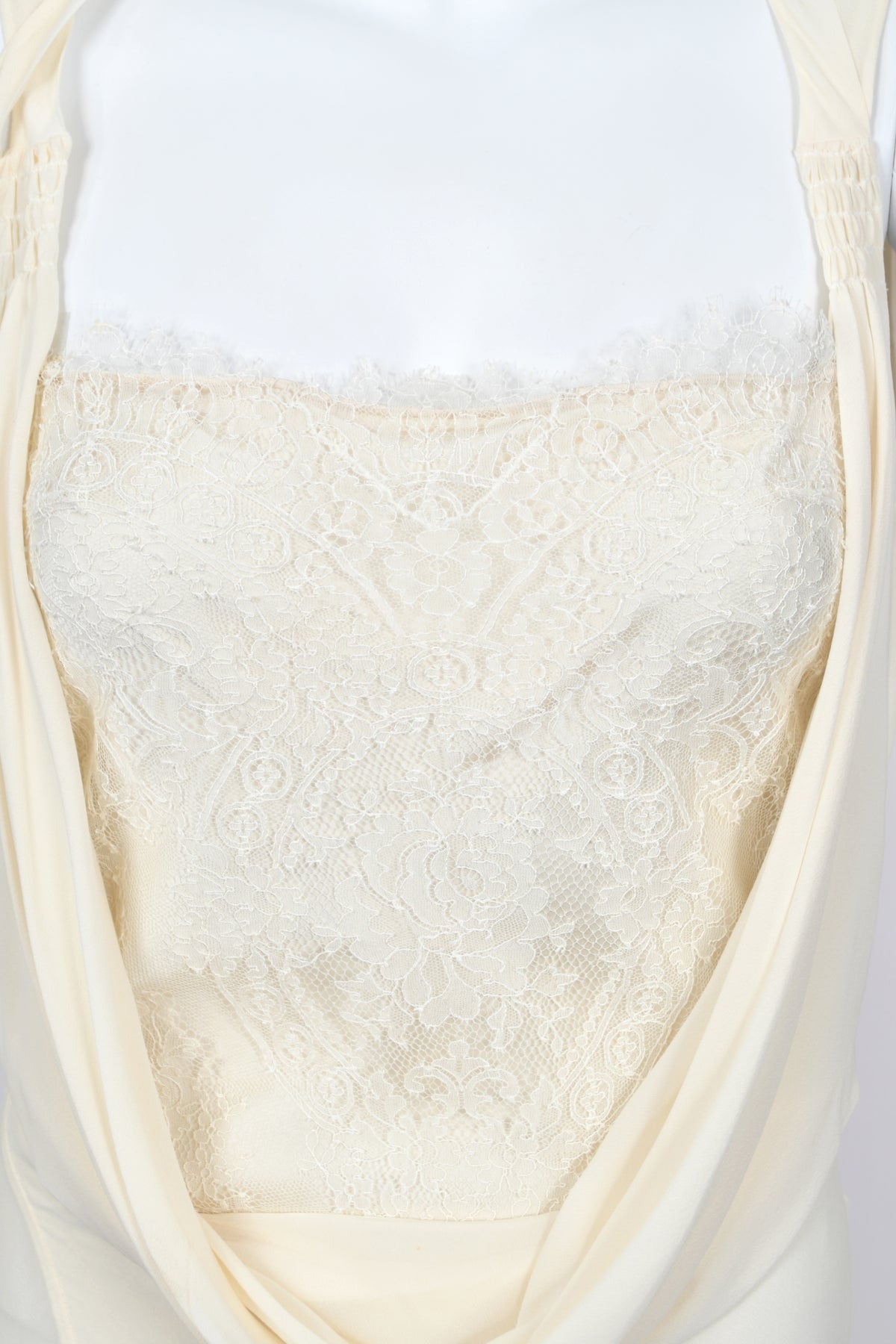 2005 John Galliano Ivory Sheer Silk Chiffon &amp; Chantilly Lace Draped Halter Bias-Cut Gown