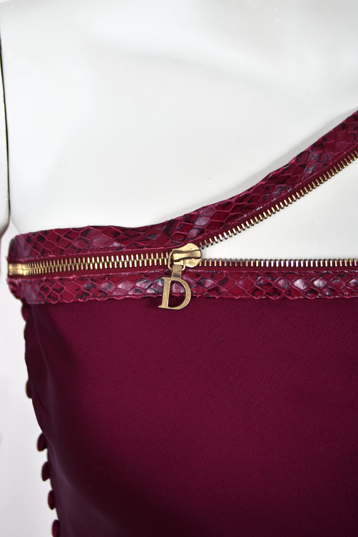 2001 Christian Dior by John Galliano Wine-Red Silk Snakeskin Zippers High Slit Bias-Cut Gown