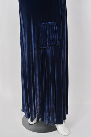 1930 Molyneux Haute Couture Documented Sapphire Blue Silk Velvet Bias-Cut Gown