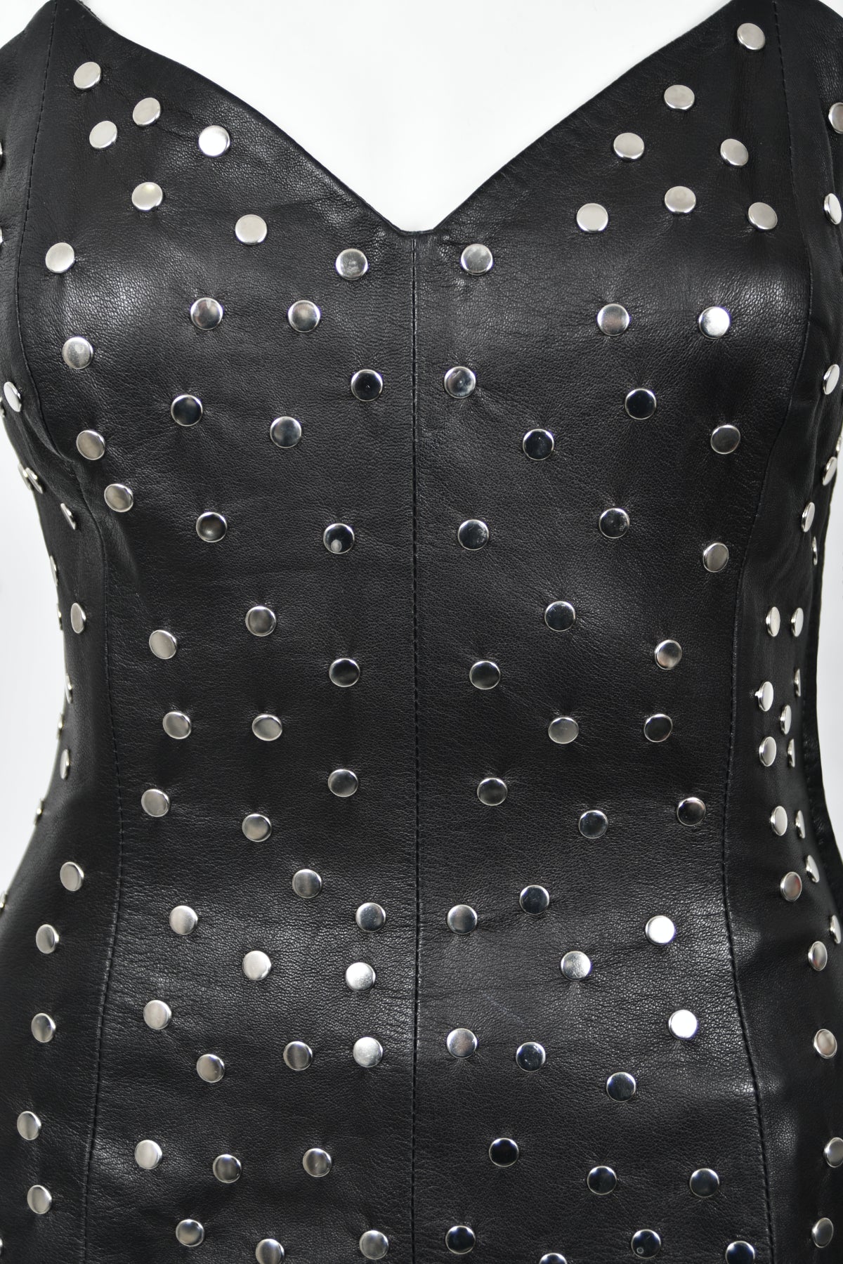 1991 Dolce & Gabbana Documented Runway Studded Black Leather Mini Dress