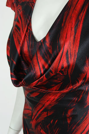 2009 Alexander McQueen Lifetime Red & Black Feather Print Silk Hourglass Gown