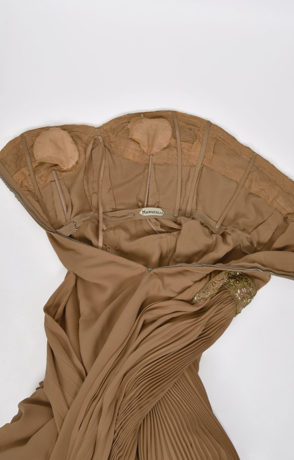 1950&#39;s Germana Marucelli Italian Couture Mocha Silk Pleated Strapless Gown
