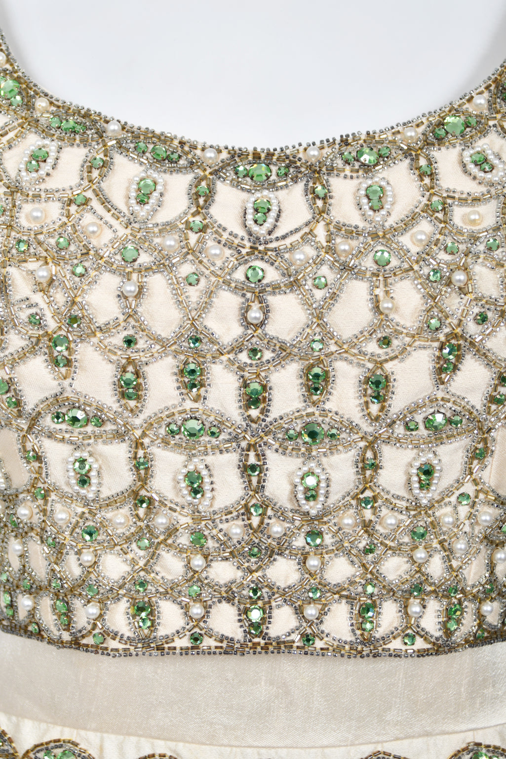 1960&#39;s British Crown Colony Beaded Rhinestone Ivory Silk Crop Top Column Gown