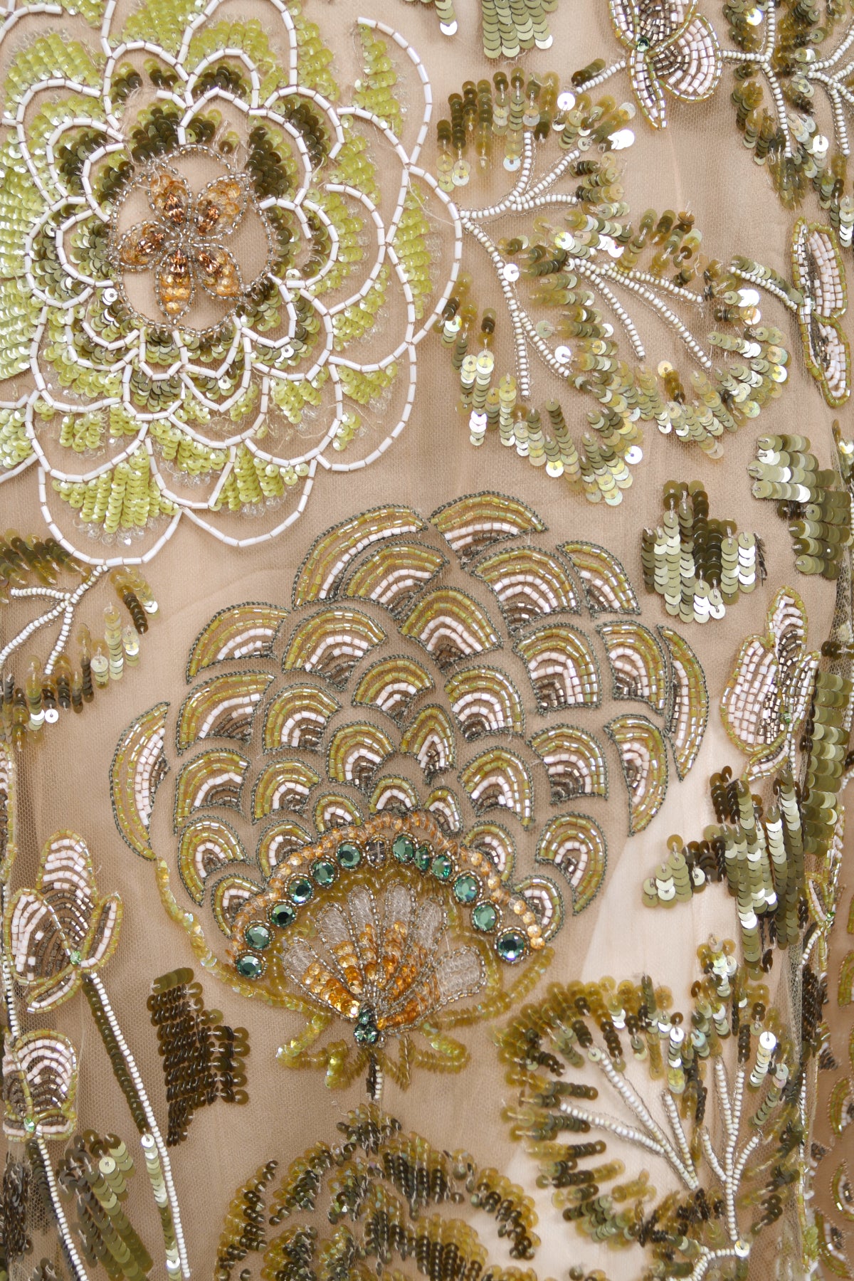 2003 Valentino Runway Heavily Embellished Jeweled Low Cut Nude-Illusion Sheer Net Dress