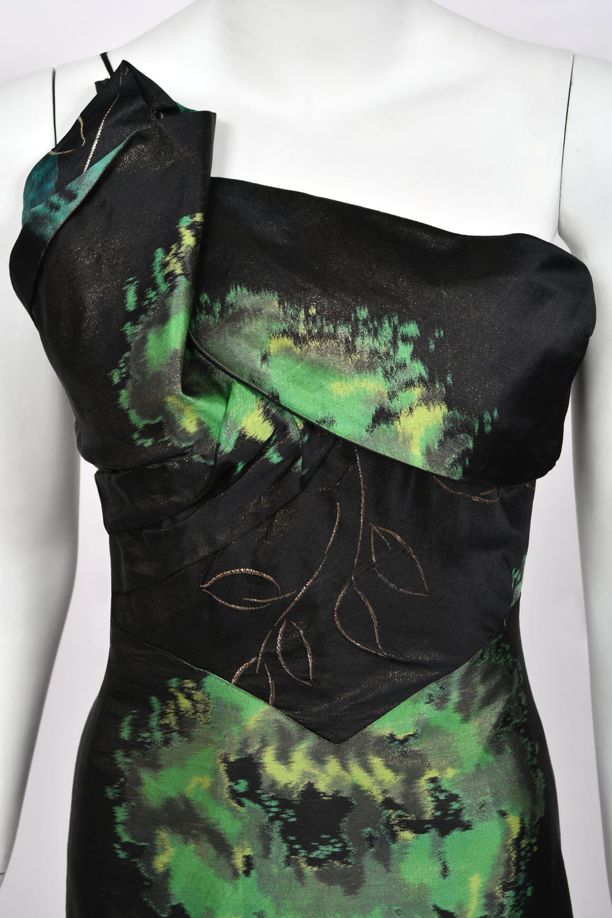 1950 Irene Lentz Couture Metallic Green & Black Floral Silk Sculpted Bustier High-Low Gown