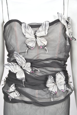 1998 Dolce & Gabbana 'Stromboli Collection' Hand-Painted Butterflies Grey Sheer Silk Corset Gown