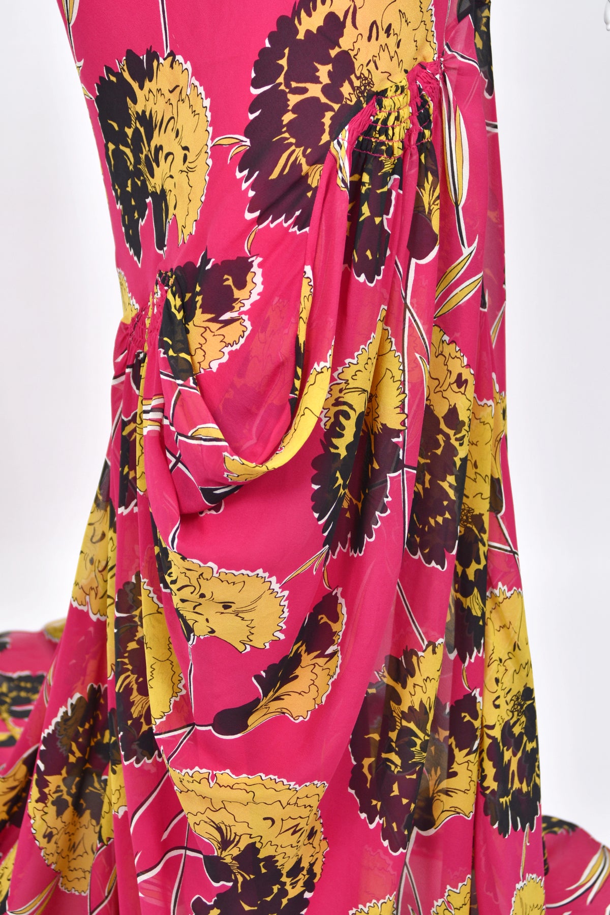 2005 John Galliano 'Renee Collection' Shocking Pink Large Scale Floral Silk Bias-Cut Trained Gown