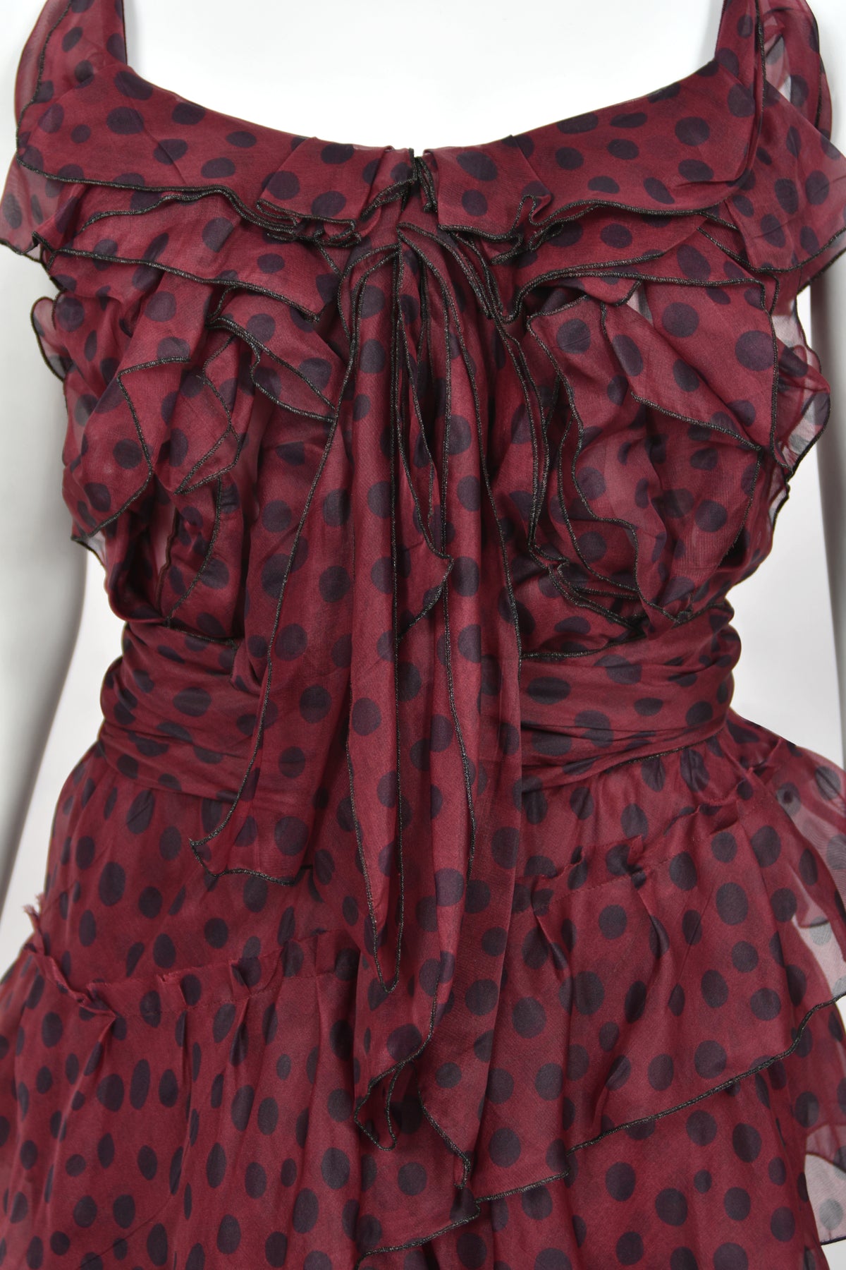 2011 Nina Ricci Editorial Burgundy & Black Polka-Dot Silk Tiered Ruffle Trained Gown w/ Tags