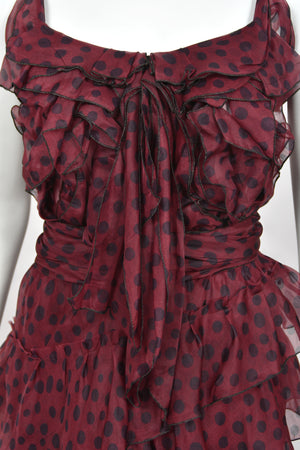 2011 Nina Ricci Editorial Burgundy & Black Polka-Dot Silk Tiered Ruffle Trained Gown w/ Tags