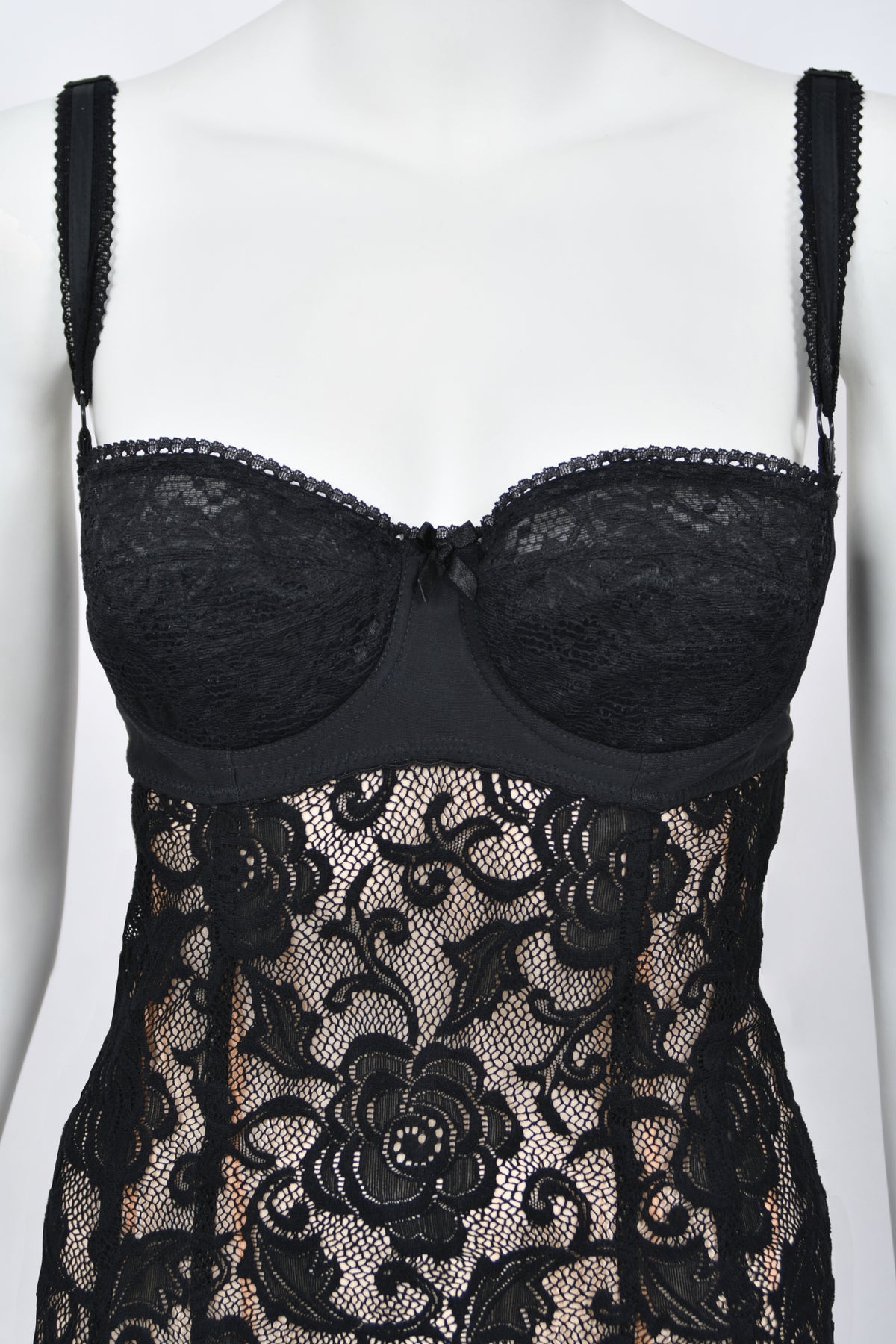 1997 Dolce &amp; Gabbana Sheer Black Stretch Lace Built-In Bra Hourglass Slip Gown