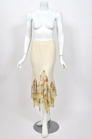 2004 John Galliano 'Cherubs & Flappers' Whimsical Print Silk Camisole & Cashmere Knit Bias-Cut Skirt Set
