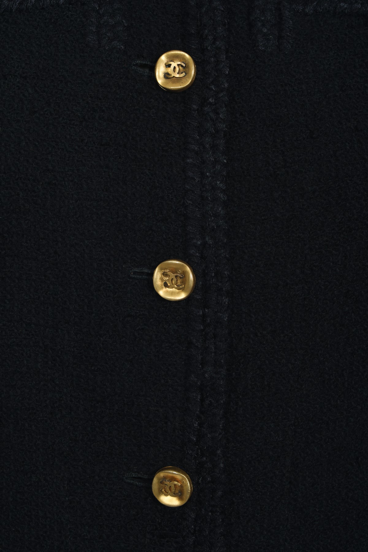1973 Chanel Haute Couture Black Boucle Wool Logo Buttons Jacket Suit
