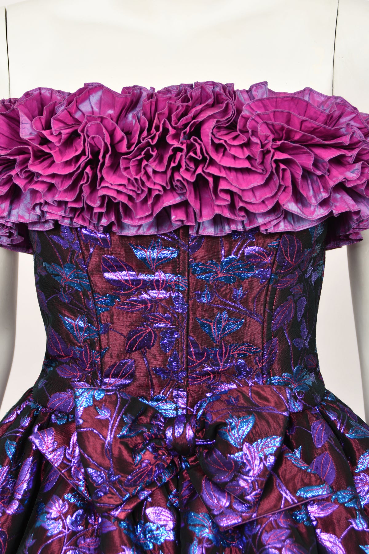 1989 Nina Ricci Haute Couture Metallic Fuchsia Silk Brocade Strapless Skirted Dress