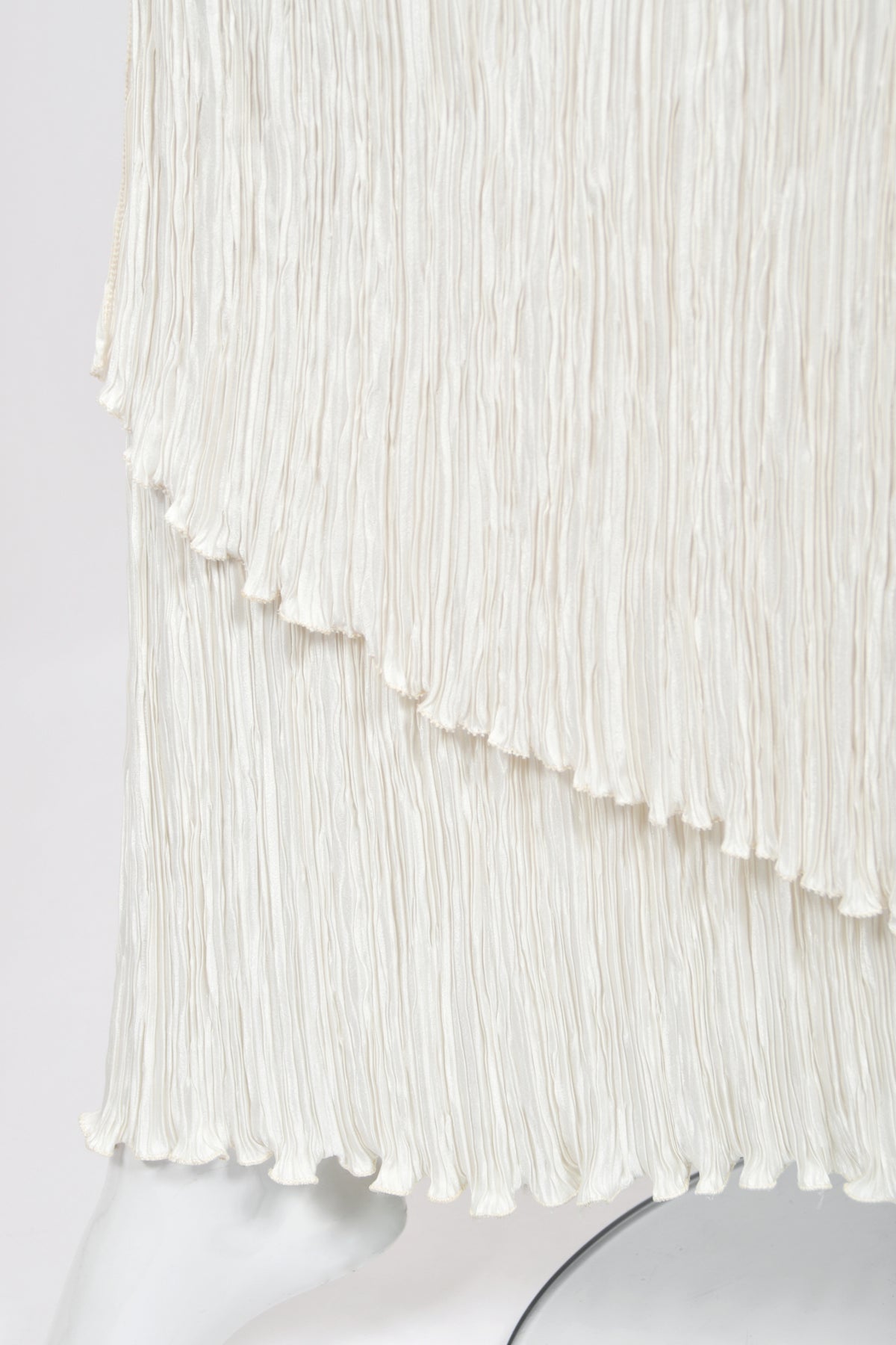 1983 Mary McFadden Ivory Heavily Pleated Asymmetric One-Shoulder Draped Goddess Gown
