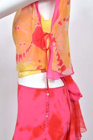2003 Christian Dior by John Galliano Tie-Dye Pink Yellow Print Silk Cropped Blouse & Bias-Cut Skirt