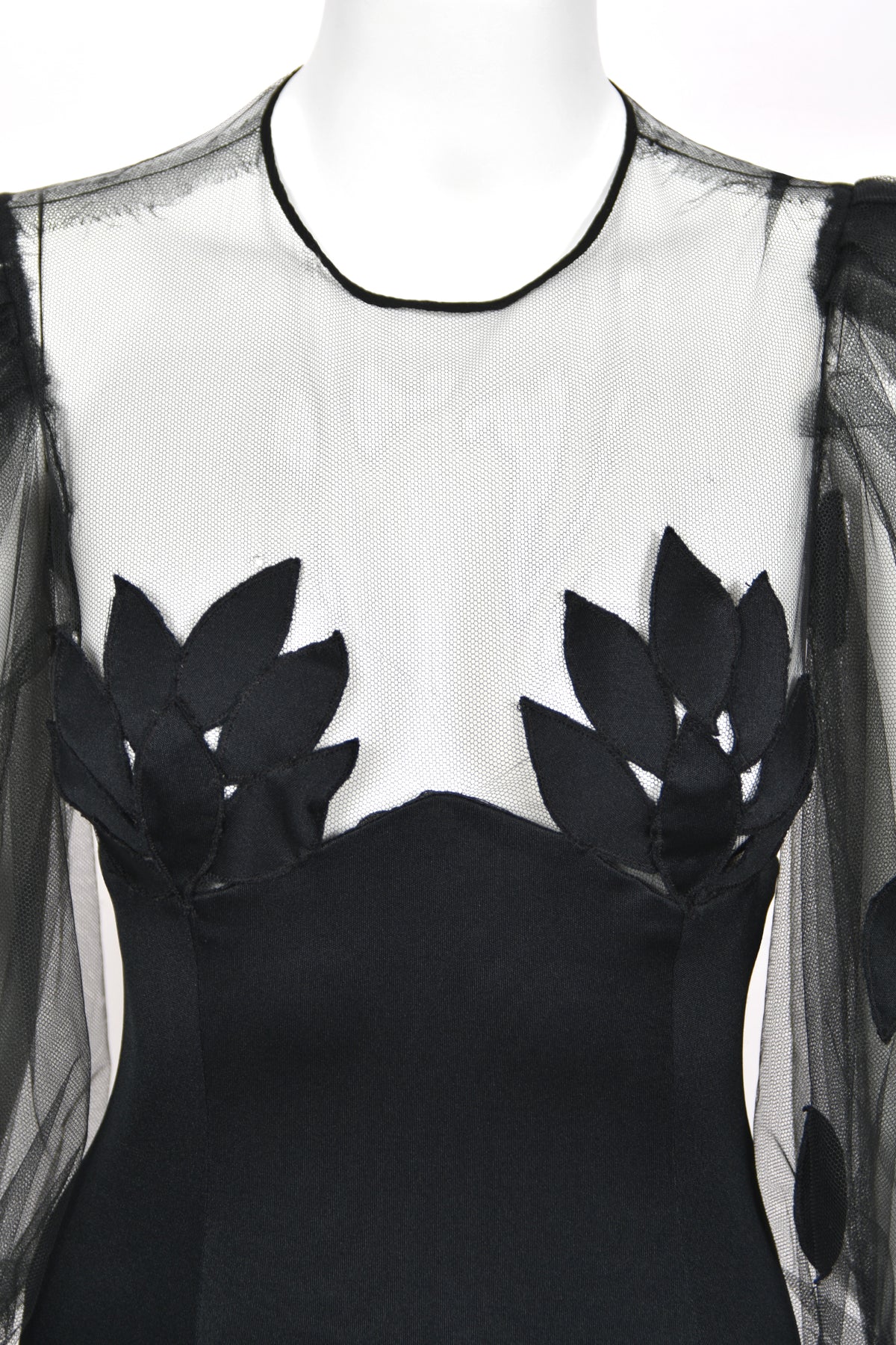1979 Loris Azzaro Black Silk Jersey Sheer Illusion Petal Motif Billow-Sleeve Gown