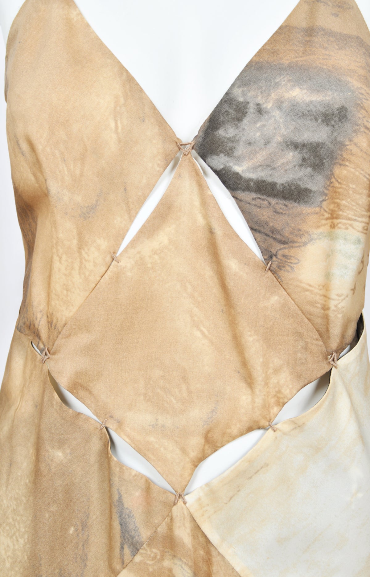 2004 Roberto Cavalli Runway Look 27 Metallic Silk &#39;Lady Print&#39; Cut-Out Gown