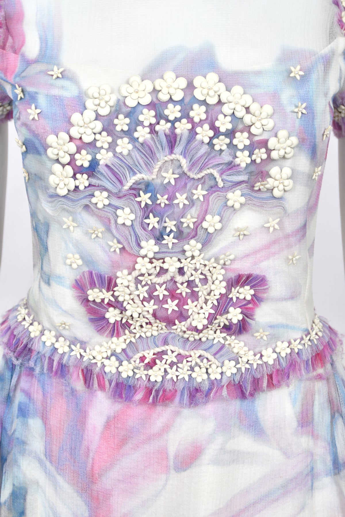 2013 Chanel by Karl Lagerfeld Cruise Collection Beaded Ivory Floral Silk Mini Dress w/Tags