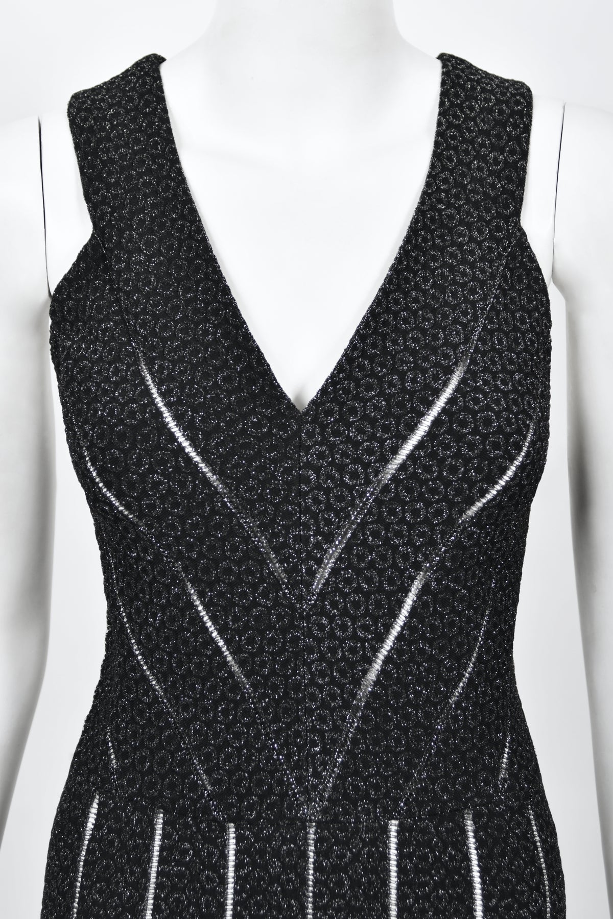 2012 Azzedine Alaia Black Metallic Knit Bodycon Sheer Cutwork Fishtail Gown