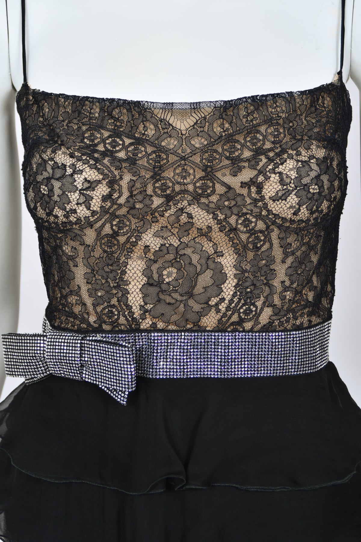 2007 Valentino Runway Black Sheer Silk &amp; Lace Illusion Crystal-Bows Tiered Gown