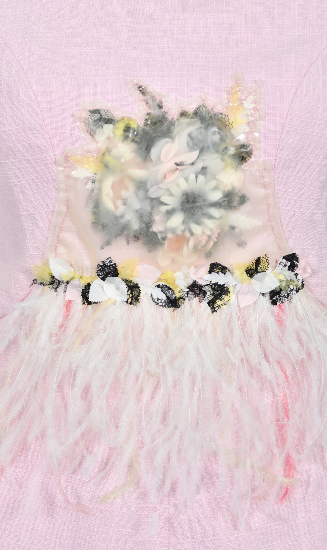 2013 Chanel by Karl Lagerfeld Runway Sample Pink Linen Floral Appliqué &amp; Feathers Dress