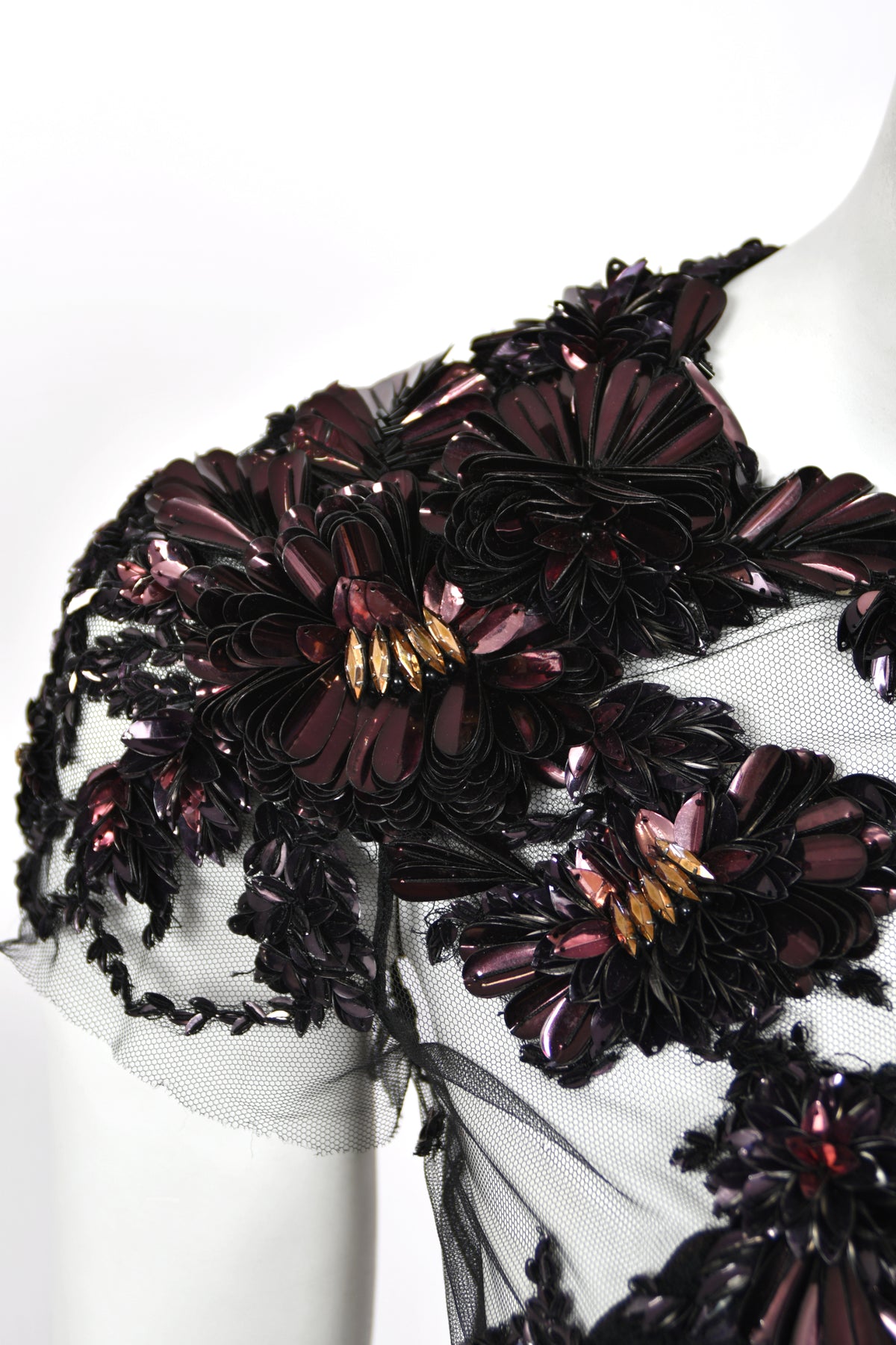 2012 Gucci Runway Editorial Heavily Embellished Sequin Sheer Black Pleated Tulle Gown