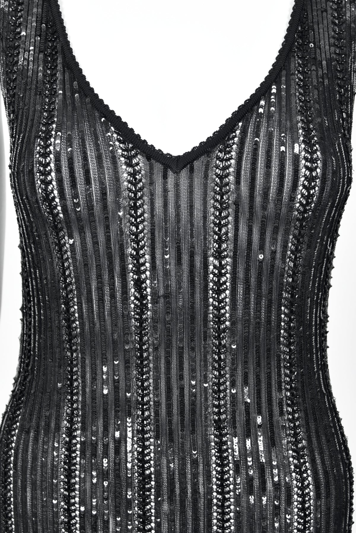 1996 Azzedine Alaia Beaded Sequin Black Semi-Sheer Stretch Knit Flounced Mini Dress