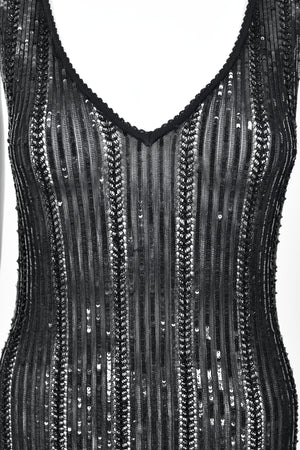 1996 Azzedine Alaia Beaded Sequin Black Semi-Sheer Stretch Knit Flounced Mini Dress