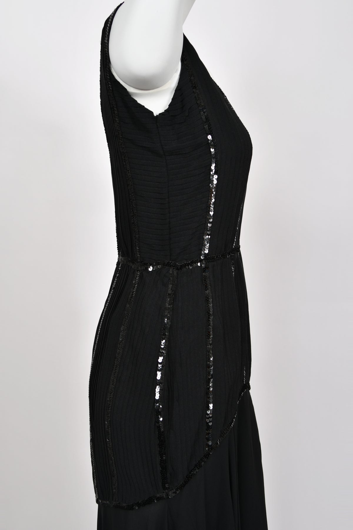 1983 Chanel by Karl Lagerfeld Sequin Pleated Black Silk Crepe High-Low Gown w/ Matching Jacket