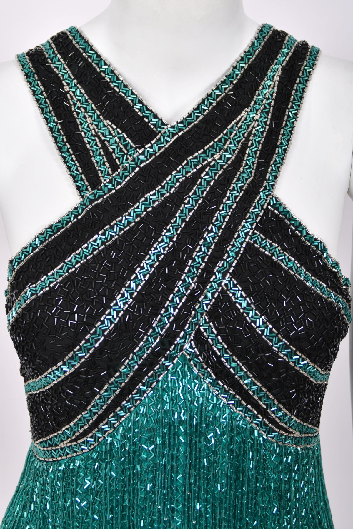 1990 Bob Mackie Teal-Green &amp; Black Beaded Fringe Backless Cocktail Dress