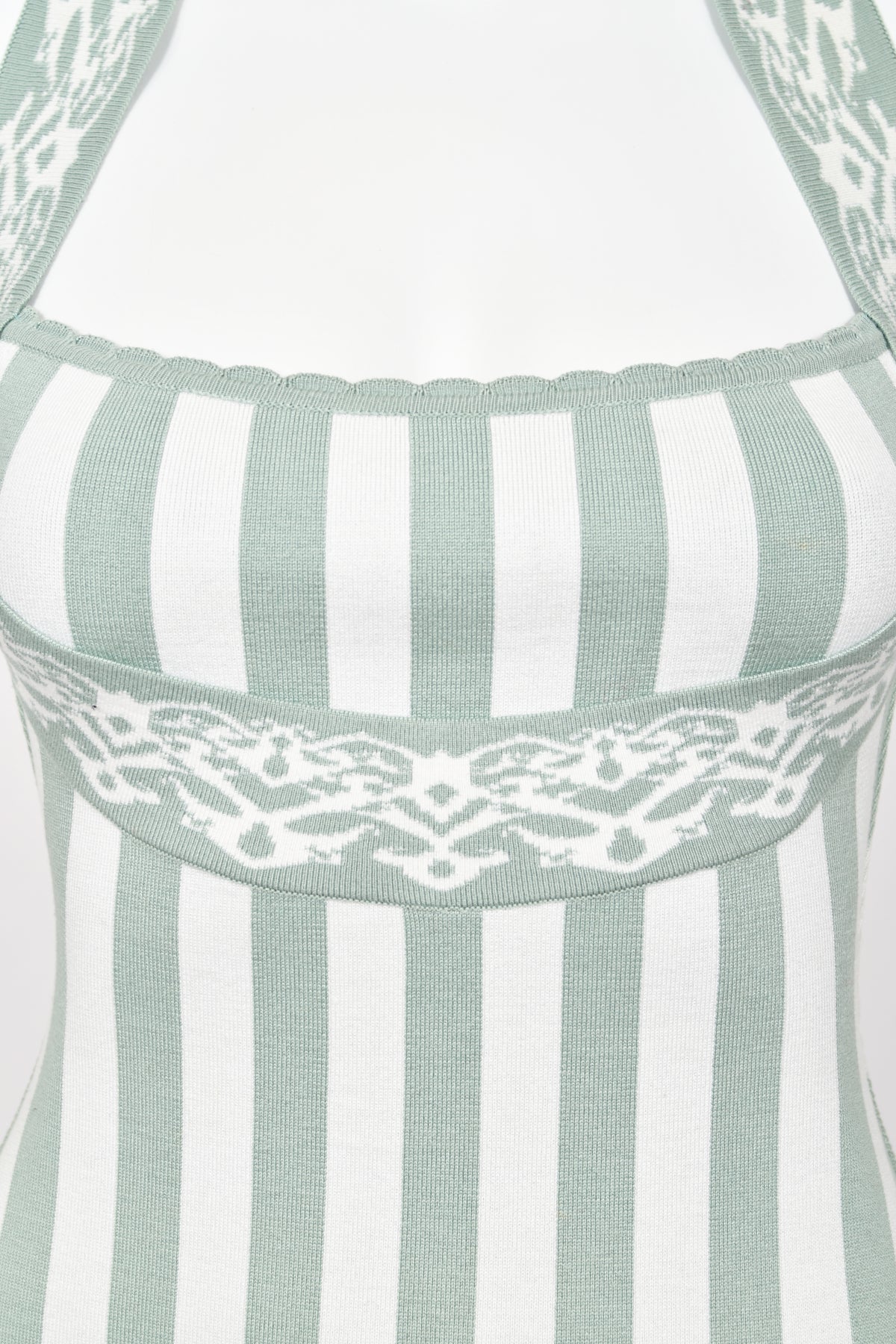 1992 Azzedine Alaia Runway Mint &amp; Ivory Striped Stretch Knit Halter Bodycon Mini Dress