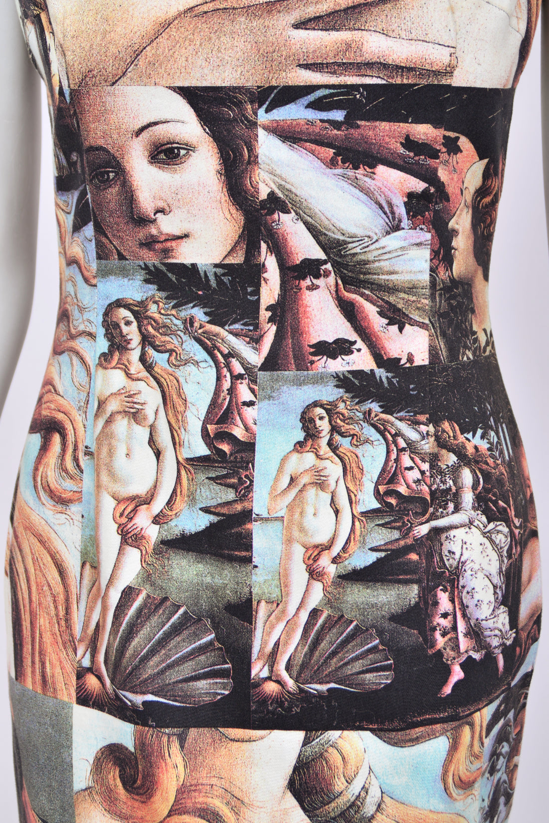 1993 Dolce &amp; Gabbana Iconic Runway &#39;Birth of Venus&#39; Collage Print High-Slit Hourglass Dress